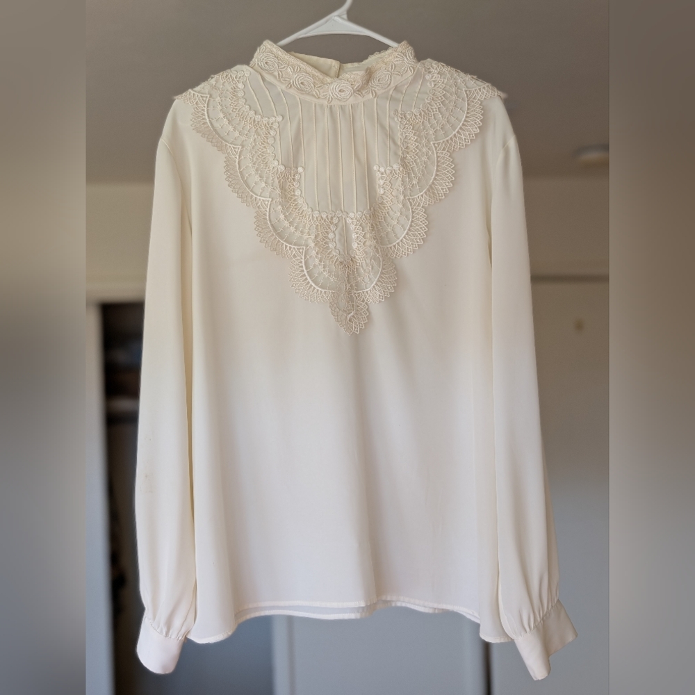 Cream Embroidered Bib Collar Long Sleeve Blouse